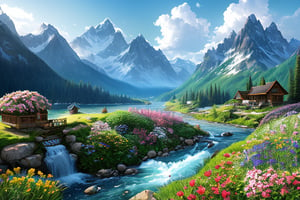 Fantastically beautiful summer mountain landscape with a river and flowers, cabin, in the style of Jun Young Joon, photorealistic, 8k, very detailed, epic royal background, big royal uncropped crown, royal jewelry, robotic, nature, full shot, symmetrical, Greg Rutkowski, Charlie Bowater, Beeple, Unreal 5, hyperrealistic, dynamic lighting, fantasy art