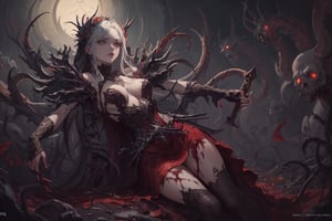 (masterpiece,extremly intricate details) ,(mad female with 10 tentichles arm weapons and knifves),medium and torned boobs, scary eyes , long hair surrounding the place ,wearing leather bloddy skin dress ,dark fantasy , bloody , psychotic , dead body head and parts in background , illustration, oil painting (fantastic perfect art, 64k ultra hd:1.1), (art by apterus, art by dan mumford:1.2)