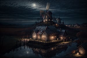 (Absurdres, Intricate Details, Masterpiece, Best Quality, High Resolution, 8k)Aerial view Ancient medieval city , full of (huts,Barn,Windmill,water twoer) ,(Daylight) , (cloud),Autumn season (gloomy illumination, insane, stunning, dramatic, completed artwork, HQ:1.1), ,no_humans,fate/stay background,foreground,moonlight reflection