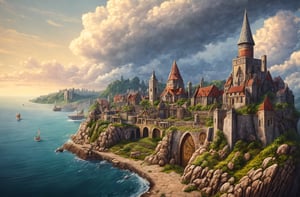 (masterpiece)(highly detailed), Dwarf Rock-Hewn City , Rock-Cut City Dwarf ,1300years , medieval  full long beard , holding massive hammer , fantasy city , ariel view , intricate details , daylight , clouds (4k)(complete art work)