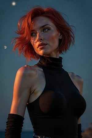 Generate hyper realistic image of a woman with luscious red locks stands outdoors at night, the moonlight casting a soft glow on her flawless complexion. Her short hair is tousled by the gentle breeze, and she wears tight black gloves that hug her slender arms. With confidence in her stance and a subtle smirk playing on her lips, she exudes an aura of mystery and allure, captivating the viewer's attention under the starry night sky.