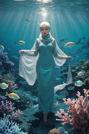 (masterpiece, best quality, realistic, ultra-realistic, realism, photorealism, 8k wallpaper, high quality, absurdres, trending on ArtStation), Plunge into the extraordinary world beneath the ocean's surface and depict the captivating scene of a girl in (hijab with underscarf:1.2) standing at the bottom of the ocean, surrounded by a bustling array of ocean life. Bring the viewer up close and personal with the girl and the underwater realm, allowing them to appreciate the intricate details of the marine environment. Show the girl as a central figure, conveying a sense of wonder and harmony as she interacts with the underwater creatures. Use a vivid color palette to showcase the brilliant hues of coral, the shimmering scales of fish, and the delicate movements of sea plants. Incorporate elements such as seashells, starfish, and other marine flora and fauna to enhance the realism and create a sense of depth. Let the artwork transport viewers into a mesmerizing underwater world, where they can imagine themselves immersed in the girl's serene and awe-inspiring oceanic encounter.