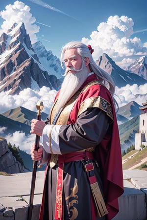 masterpiece, best quality, official art, an old army general from ancient China, ((white beard)), General Mou Gou, Kingdom anime, manga character, (clouds and mountains in the background)