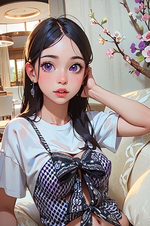 (masterpiece:1.2, best quality:1.2, beautiful, high quality, highres:1.1, aesthetic), detailed, extremely detailed, ambient soft lighting, 4K, perfect eyes, perfect face, perfect lighting, 1girl, alternate breast size, belly, black hair, breasts, glowing, glowing eyes, hair between eyes, huge breasts, lips, long hair, looking at viewer, lying, navel, nipples, nude, on back, parted lips, plump, purple eyes, solo, big breasts, arms at sides, (purple theme)