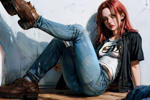 a 30 years old woman with red hair, green eyes, full body, with jeans, and short t-shirt with voluptous front, realistic, hq,  high detail, ,sexy,glossy,bimbo,nsfw,thepit bimbo,analog style,redshift style,mdjrny-v4 style,studio_ghibli_anime_style style,copeseethemald style