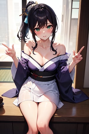 (masterpiece), (best quality), highres, highly detailed, an extremely delicate and beautiful,
1 girl, 
seductive_pose:1.9,
long black ponytail, side bangs, wavy hair, big green eyes, slim body, medium breasts,
wearing yukata,off shoulder yukata, transparent white clothes, wearing shirt inside yukata, hair ornaments, white stockings,

top of hills, city of view, far away city,