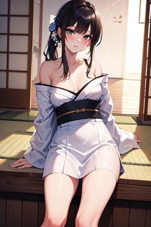 (masterpiece), (best quality), highres, highly detailed, an extremely delicate and beautiful,
1 girl, 
seductive_pose:1.9,
long black ponytail, side bangs, wavy hair, big green eyes, slim body, medium breasts,
wearing yukata,off shoulder yukata, transparent white clothes, wearing shirt inside yukata, hair ornaments, white stockings,

top of hills, city of view, far away city,