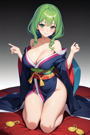 anime girl with light-green hair,kneeling on futon, wearing a simple robe, official art, shirabii, wears a long robe, painted in anime painter studio, anime moe artstyle, cushart krenz key art feminine, official artwork, in a kimono, anime visual of a cute girl,
gigantic breasts:1.5, hands pulling off her own kimono, seductive:1.9 (pose, the way she look at camera, shoulders, smile), blushing:1.9