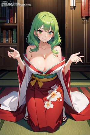 anime girl with light-green hair,kneeling on futon, wearing a simple robe, official art, shirabii, wears a long robe, painted in anime painter studio, anime moe artstyle, cushart krenz key art feminine, official artwork, in a kimono, anime visual of a cute girl,
gigantic breasts:1.5, hands pulling off her own kimono, seductive:1.9 (pose, the way she look at camera, shoulders, smile), blushing:1.9