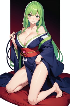 anime girl with light-green hair,kneeling on futon, wearing a simple robe, official art, shirabii, wears a long robe, painted in anime painter studio, anime moe artstyle, cushart krenz key art feminine, official artwork, in a kimono, anime visual of a cute girl,
gigantic breasts:1.5, hands pulling off her own kimono, seductive:1.9 (pose, the way she look at camera, shoulders, smile), blushing:1.9, barefoot, white stockings,