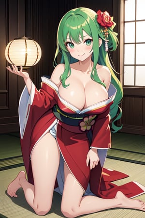 anime girl with light-green hair,kneeling on futon, wearing a simple robe, official art, shirabii, wears a long robe, painted in anime painter studio, anime moe artstyle, cushart krenz key art feminine, official artwork, in a kimono, anime visual of a cute girl,
gigantic breasts:1.5, hands pulling off her own kimono, seductive:1.9 (pose, the way she look at camera, shoulders, smile), blushing:1.9, barefoot, white stockings,