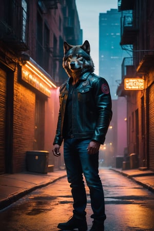 A worn leather jacket with intricate embroideries, gleaming buttons, and weathered pockets accentuates the majestic wolf's rugged physique as he stands tall against a warm neon-lit alleyway backdrop. The camera captures an over-the-shoulder shot from behind the wolf, emphasizing his chiseled physique and unyielding determination. Warm neon hues cast a moody atmosphere, with the cityscape subtly fading into the background. The wolf's confident posture exudes power, centered in the frame amidst the urban landscape.