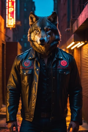 A worn leather jacket with intricate embroideries, gleaming buttons, and weathered pockets accentuates the majestic wolf's rugged physique as he stands tall against a warm neon-lit alleyway backdrop. The camera captures an over-the-shoulder shot from behind the wolf, emphasizing his chiseled physique and unyielding determination. Warm neon hues cast a moody atmosphere, with the cityscape subtly fading into the background. The wolf's confident posture exudes power, centered in the frame amidst the urban landscape.