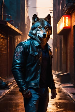 A worn leather jacket with intricate embroideries, gleaming buttons, and weathered pockets accentuates the majestic wolf's rugged physique as he stands tall against a warm neon-lit alleyway backdrop. The camera captures an over-the-shoulder shot from behind the wolf, emphasizing his chiseled physique and unyielding determination. Warm neon hues cast a moody atmosphere, with the cityscape subtly fading into the background. The wolf's confident posture exudes power, centered in the frame amidst the urban landscape.