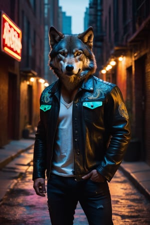 A worn leather jacket with intricate embroideries, gleaming buttons, and weathered pockets accentuates the majestic wolf's rugged physique as he stands tall against a warm neon-lit alleyway backdrop. The camera captures an over-the-shoulder shot from behind the wolf, emphasizing his chiseled physique and unyielding determination. Warm neon hues cast a moody atmosphere, with the cityscape subtly fading into the background. The wolf's confident posture exudes power, centered in the frame amidst the urban landscape.