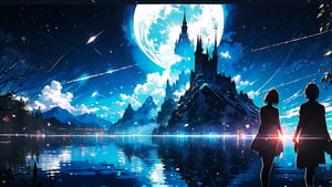 (masterpiece,more detail:1.1, best quality:1.3), (scenery:1.3), blue theme, sky, castle, lake, starry sky, night, This paragraph describes a digital painting which depicts an otherworldly, surreal and majestic scene. The artwork features a giant mountain range with intricate forest details, vegetation, and rivers surrounding them. This is a high-quality, 8K resolution masterpiece of digital art, creating a beautiful movie-like background with magical atmosphere through unique lighting effects. The sky is decorated with snow and stars, The artwork belongs to the genre of icepunk, creating a chilly winter visual style.,watercolor,	 SILHOUETTE LIGHT PARTICLES