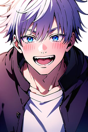 satoru gojo, white hair, short hair, hair between eyes, blue eyes, colored eyelashes, looking at viewer, blush, smile, short hair, open mouth, bangs, simple background, 1boy, white background, purple eyes, jacket, white shirt, upper body, medium shoot, :d,