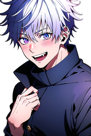 satoru gojo, white hair, short hair, hair between eyes, blue eyes, colored eyelashes, looking at viewer, blush, smile, short hair, open mouth, bangs, simple background, 1boy, white background, purple eyes, jacket, white shirt, upper body, medium shoot, :d,