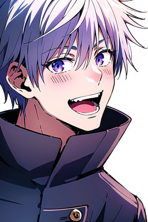 satoru gojo, white hair, short hair, hair between eyes, blue eyes, colored eyelashes, looking at viewer, blush, smile, short hair, open mouth, bangs, simple background, 1boy, white background, purple eyes, jacket, white shirt, upper body, :d,