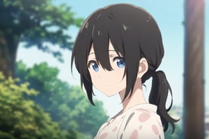 Visual Anime, Masterpiece, best quality, 1girl, solo, looking at viewer, short hair, bangs, blue eyes, shirt, black hair, ponytail, hair between eyes, white shirt, upper body, casual, sky, blurry background, outdoors, day, dappled, screencap, fake screenshoot, anime color,Visual Anime