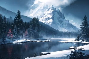 This paragraph describes a digital painting which depicts an otherworldly, surreal and majestic scene. The artwork features a giant mountain range with intricate forest details, vegetation, and rivers surrounding them. This is a high-quality, 8K resolution masterpiece of digital art, creating a beautiful movie-like background with magical atmosphere through unique lighting effects. The sky is decorated with snow and stars, The artwork belongs to the genre of icepunk, creating a chilly winter visual style.