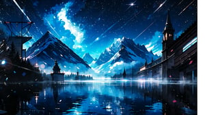 (masterpiece,more detail:1.1, best quality:1.3), (scenery:1.3), blue theme, sky, castle, lake, starry sky, night, This paragraph describes a digital painting which depicts an otherworldly, surreal and majestic scene. The artwork features a giant mountain range with intricate forest details, vegetation, and rivers surrounding them. This is a high-quality, 8K resolution masterpiece of digital art, creating a beautiful movie-like background with magical atmosphere through unique lighting effects. The sky is decorated with snow and stars, The artwork belongs to the genre of icepunk, creating a chilly winter visual style.,watercolor,	 SILHOUETTE LIGHT PARTICLES