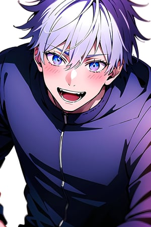 satoru gojo, white hair, short hair, hair between eyes, blue eyes, colored eyelashes, looking at viewer, blush, smile, short hair, open mouth, bangs, simple background, 1boy, white background, purple eyes, jacket, white shirt, upper body, medium shoot, fullbody, :d,