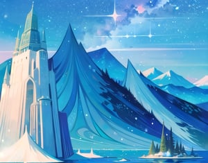 (masterpiece,more detail:1.1, best quality:1.3), (scenery:1.3), blue theme, sky, castle, lake, starry sky, night, This paragraph describes a digital painting which depicts an otherworldly, surreal and majestic scene. The artwork features a giant mountain range with intricate forest details, vegetation, and rivers surrounding them. This is a high-quality, 8K resolution masterpiece of digital art, creating a beautiful movie-like background with magical atmosphere through unique lighting effects. The sky is decorated with snow and stars, The artwork belongs to the genre of icepunk, creating a chilly winter visual style.,watercolor
