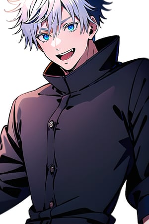 (masterpiece, best quality:1.2), cowboy shot, solo, male focus, satoru gojo, white hair, short hair, hair between eyes, blue eyes, colored eyelashes, looking at viewer, short hair, smile, bangs, simple background, 1boy, white background, purple eyes, jacket, white shirt, upper body, medium shoot, fullbody, :d, black pants, no cropped, in frame, middle,