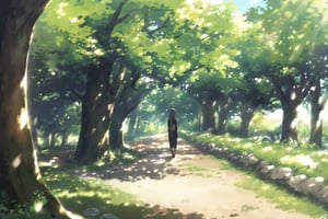Visual Anime, 1girl, outdoors, day, tree, shadow, sunlight, grass, scenery, rock, road, dappled, sunlight