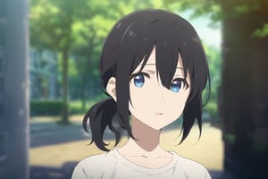 Visual Anime, Masterpiece, best quality, 1girl, solo, looking at viewer, short hair, bangs, blue eyes, shirt, black hair, ponytail, hair between eyes, white shirt, upper body, casual, collar, sky, blurry background, outdoors, day, screencap, fake screenshoot, anime color,Visual Anime