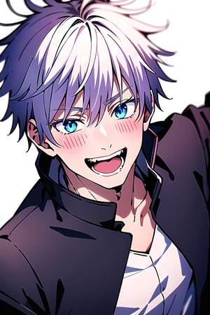 satoru gojo, white hair, short hair, hair between eyes, blue eyes, colored eyelashes, looking at viewer, blush, smile, short hair, open mouth, bangs, simple background, 1boy, white background, purple eyes, jacket, white shirt, upper body, medium shoot, :d,