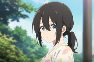 Visual Anime, 1girl, solo, looking at viewer, short hair, bangs, blue eyes, shirt, black hair, ponytail, hair between eyes, white shirt, upper body, casual, sky, blurry background, outdoors, day, dappled, screencap, fake screenshoot, anime color