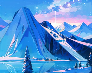 (masterpiece,more detail:1.1, best quality:1.3), (scenery:1.3), blue theme, sky, castle, lake, starry sky, night, This paragraph describes a digital painting which depicts an otherworldly, surreal and majestic scene. The artwork features a giant mountain range with intricate forest details, vegetation, and rivers surrounding them. This is a high-quality, 8K resolution masterpiece of digital art, creating a beautiful movie-like background with magical atmosphere through unique lighting effects. The sky is decorated with snow and stars, The artwork belongs to the genre of icepunk, creating a chilly winter visual style.,watercolor
