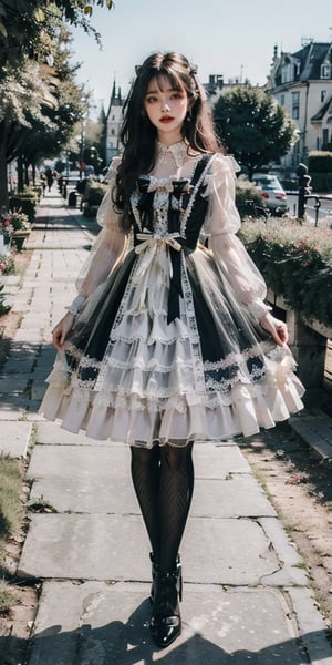 realistic, photorealistic, masterpiece, best quality, top quality, ultra high res, lolita_dress, 1girl, solo, slim, looking at viewer, full body, long hair, standing, dynamic pose, detailed background, in garden, castle, netural lighting, (pureerosface_v1:0.5),lolita_dress