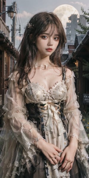 masterpiece, best quality, a photo of a stunning girl of 18 th cebtury, (colorful),(finely detailed beautiful eyes and detailed face),cinematic lighting,bust shot,extremely detailed CG unity 8k wallpaper,chestnut hair,solo,smile,intricate, transparent lace gown ,open silk corset,partially visible breasts and nipples,(Flowery meadow) sky, cloudy_sky, building, moonlight, moon, night, (dark theme:1.3), moonlight , ((hyperrealistic, photorealistic, 8k, intricate details )) ,natural sunset lights,iu1