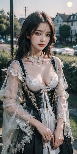 masterpiece, best quality, a photo of a stunning girl of 18 th cebtury, (colorful),(finely detailed beautiful eyes and detailed face),cinematic lighting,bust shot,extremely detailed CG unity 8k wallpaper,chestnut hair,solo,smile,intricate, transparent lace gown ,open silk corset,partially visible breasts and nipples,(Flowery meadow) sky, cloudy_sky, building, moonlight, moon, night, (dark theme:1.3), moonlight , ((hyperrealistic, photorealistic, 8k, intricate details )) ,natural sunset lights