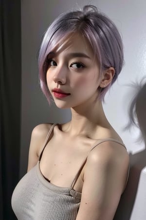 best quality, masterpiece, (photorealistic:1.3), (realskin:1.3) 1girl, short hair, pink|silver|blue hair color