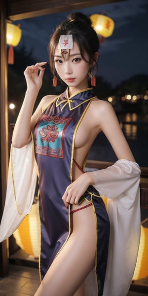 1girl, looking at viewer, [breasts:0.8], cosplay custume, (chinese talisman on forehead:1.2), , (night, Chinese lanterns:1.3), 
