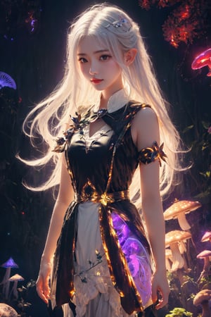 HDR, Ultra detailed illustration, Fantasy, a elf  with crown, a magical world full of unique luminous flora, pastel colors, full body shot, anime body, Final Fantasy theme, small breast, shoulder, arm,  digital art, art by Mschiffer, night, dark, (red  bioluminescence:1.2), (darkness background:1.2), 1girl, a young girl 12 years old, tiny, long legs, white skin, pale skin, (long hair, white hair:1.3), (big eyes:1.2), innocent face,  take shelter beside a large mushroom tree, bioluminescence meadow, high contrass, low brightness, ,more detail 