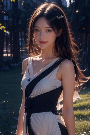 1girl, solo, dress, looking at viewer, long hair, blurry, brown hair, outdoors, blurry background, bare shoulders, full body, realistic, grass, green dress, parted lips, day, lips, black hair, brown eyes, off shoulder,smile