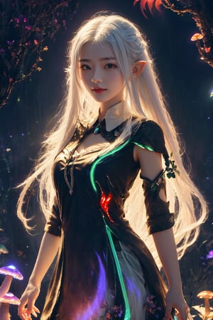 HDR, Ultra detailed illustration, Fantasy, a elf  with crown, a magical world full of unique luminous flora, pastel colors, full body, sunny smile, Final Fantasy theme, small breast, shoulder, arm,  digital art, art by Mschiffer, night, dark, (red  bioluminescence:1.2), (darkness background:1.2), 1girl, a young girl 12 years old, tiny, long legs, white skin, pale skin, (long hair, white hair:1.3), (big eyes:1.2), innocent face,  take shelter beside a large mushroom tree, bioluminescence meadow, high contrass, low brightness, ,more detail 