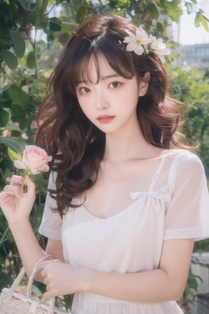 1girl, solo, curly hair, messy hair, long hair, looking at viewer, brown hair, black hair, dress, holding, upper body, flower, short sleeves, outdoors, white dress, lips, rose, leaf, pink flower, realistic, basket,dream_girl,film_grain,dreamgirl