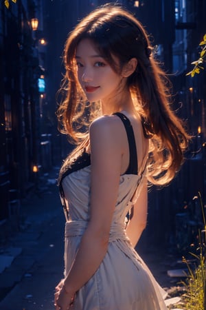 1girl, solo, dress, looking at viewer, long hair, blurry, brown hair, outdoors, blurry background, bare shoulders, full body, realistic, grass, white dress, parted lips, day, lips, black hair, brown eyes, off shoulder,smile