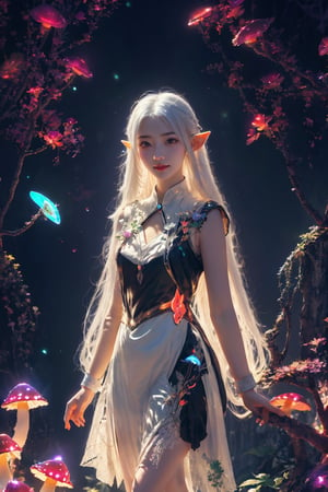 HDR, Ultra detailed illustration, Fantasy, a elf  with crown, a magical world full of unique luminous flora, pastel colors, full body, sunny smile, Final Fantasy theme, small breast, shoulder, arm,  digital art, art by Mschiffer, night, dark, (red  bioluminescence:1.2), (darkness background:1.2), 1girl, a young girl 12 years old, tiny, long legs, white skin, pale skin, (long hair, white hair:1.3), (big eyes:1.2), innocent face,  take shelter beside a large mushroom tree, bioluminescence meadow, high contrass, low brightness, ,more detail 