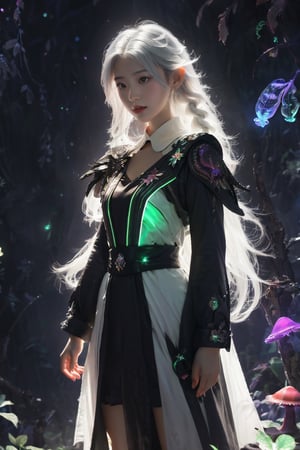 HDR, Ultra detailed illustration, Fantasy, a elf  with crown, a magical world full of unique luminous flora, pastel colors, full body shot, Final Fantasy theme, small breast, shoulder, arm,  digital art, art by Mschiffer, night, dark, (red  bioluminescence:1.2), (darkness background:1.2), 1girl, a young girl 16 years old, tiny, long legs, white skin, pale skin, (long hair, white hair:1.3), (big eyes:1.2), innocent face,  take shelter beside a large mushroom tree, bioluminescence meadow, high contrass, low brightness, ,more detail ,a girl has two braids,a girl is laughing 