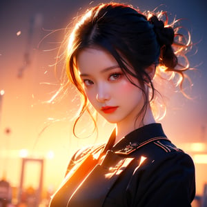 (masterpiece, top quality, best quality, official art, beautiful and aesthetic:1.2), hdr, high contrast, wideshot, 1girl, bun black hair with bangs, look at viewer, light smile, clearly brown eyes, longfade eyebrow, soft make up, ombre lips, hourglass body, large breast, (stewardess theme:1.5), finger detailed, background detailed, ambient lighting, extreme detailed, cinematic shot, realistic ilustration, (soothing tones:1.3), (hyperdetailed:1.2),facing different directions，white background