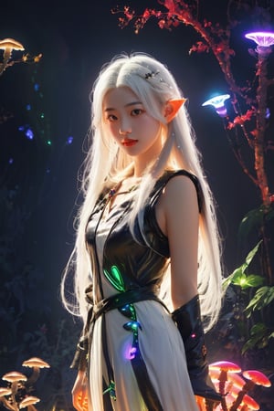 HDR, Ultra detailed illustration, Fantasy, a elf  with crown, a magical world full of unique luminous flora, pastel colors, full body shot, anime body, Final Fantasy theme, small breast, shoulder, arm,  digital art, art by Mschiffer, night, dark, (red  bioluminescence:1.2), (darkness background:1.2), 1girl, a young girl 12 years old, tiny, long legs, white skin, pale skin, (long hair, white hair:1.3), (big eyes:1.2), innocent face,  take shelter beside a large mushroom tree, bioluminescence meadow, high contrass, low brightness, ,more detail 