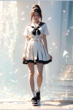 (best quality), ((masterpiece)), (highres), illustration, original, extremely detailed, (二次元大系·御姐篇_V1.0:0.7)zlqs, 1girl, skirt, solo, shoes, full body, white background, school uniform, brown hair, black skirt, simple background, smile, looking at viewer, jewelry, pleated skirt, clothes around waist, short sleeves, breasts, standing, sneakers, white shirt, bracelet, ponytail, shirt, serafuku, neckerchief, sailor collar, bangs, large breasts, socks, purple eyes, jacket, closed mouth, black sailor collar, sweater ,Realism