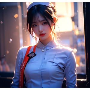 (masterpiece, top quality, best quality, official art, beautiful and aesthetic:1.2), hdr, high contrast, wideshot, 1girl, bun black hair with bangs, look at viewer, light smile, clearly brown eyes, longfade eyebrow, soft make up, ombre lips, hourglass body, large breast, (stewardess theme:1.5), finger detailed, background detailed, ambient lighting, extreme detailed, cinematic shot, realistic ilustration, (soothing tones:1.3), (hyperdetailed:1.2),facing different directions，white background